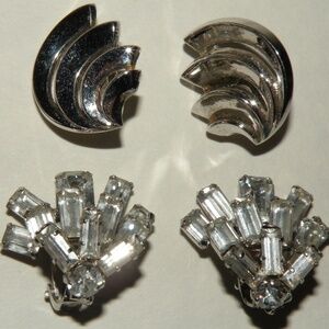 2 pair Art Deco Silver Tone Clip on Earrings, Trifari Waves, Austria Rhinestones